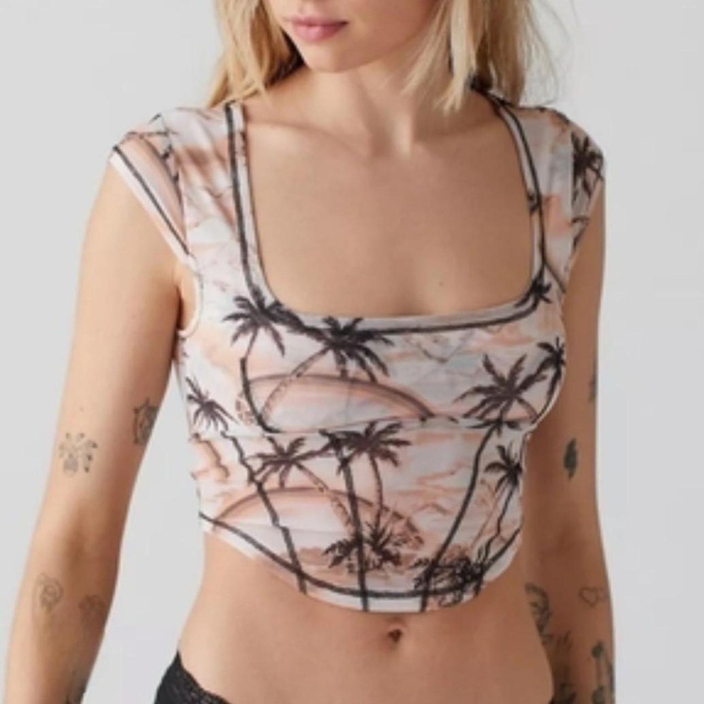 Corset Sheer Mesh Palm Tree Top Tan‎ Brown Y2K Urban Outfitters Large